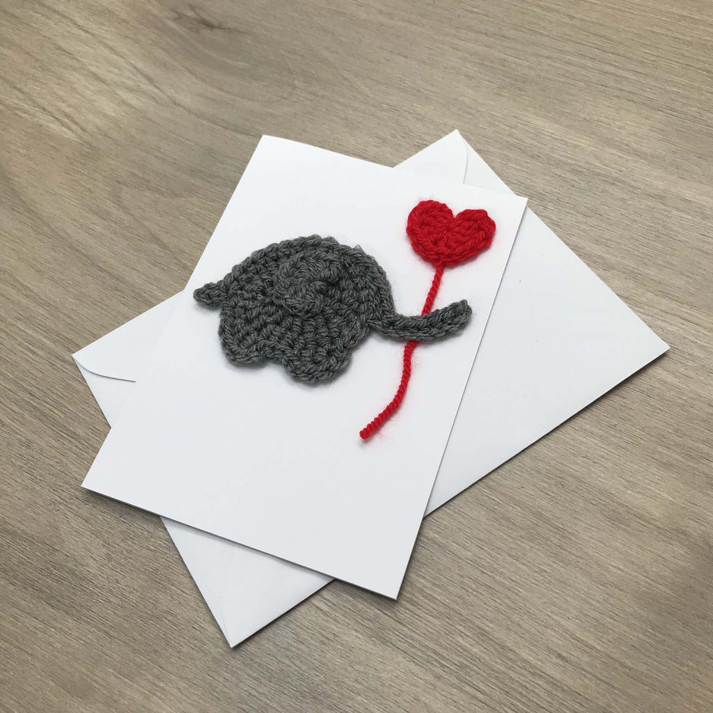 Crochet Elephant with Heart Balloon 100% Recycled Greetings Card