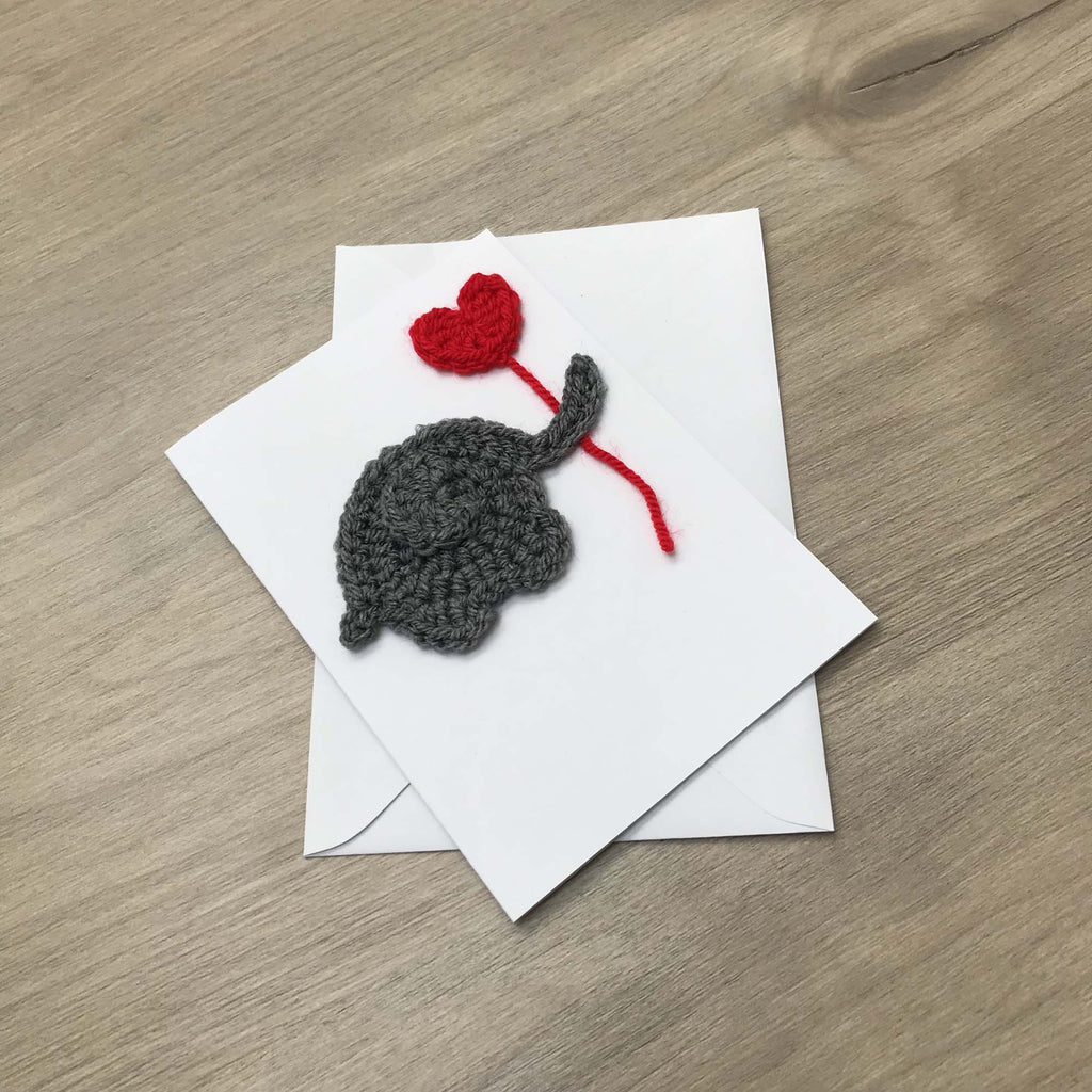 Crochet Elephant with Heart Balloon 100% Recycled Greetings Card