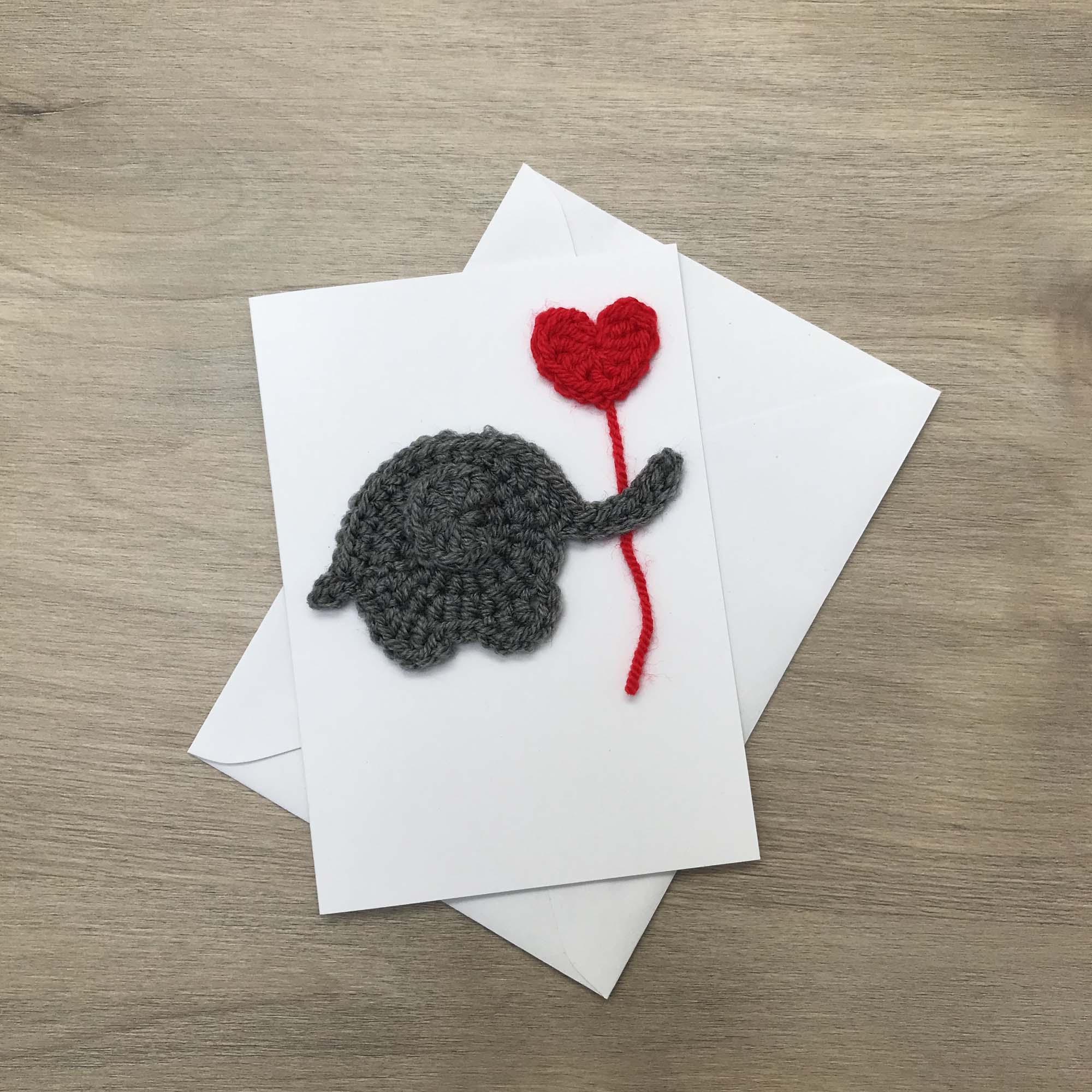 Crochet Elephant with Heart Balloon 100% Recycled Greetings Card