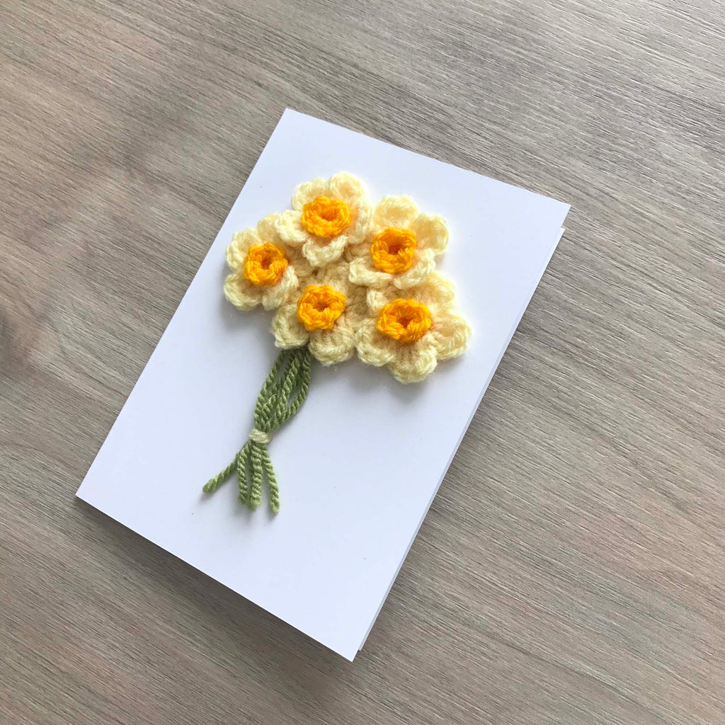 Crochet Yellow Bunch of Flowers 100% Recycled Greetings Card A6