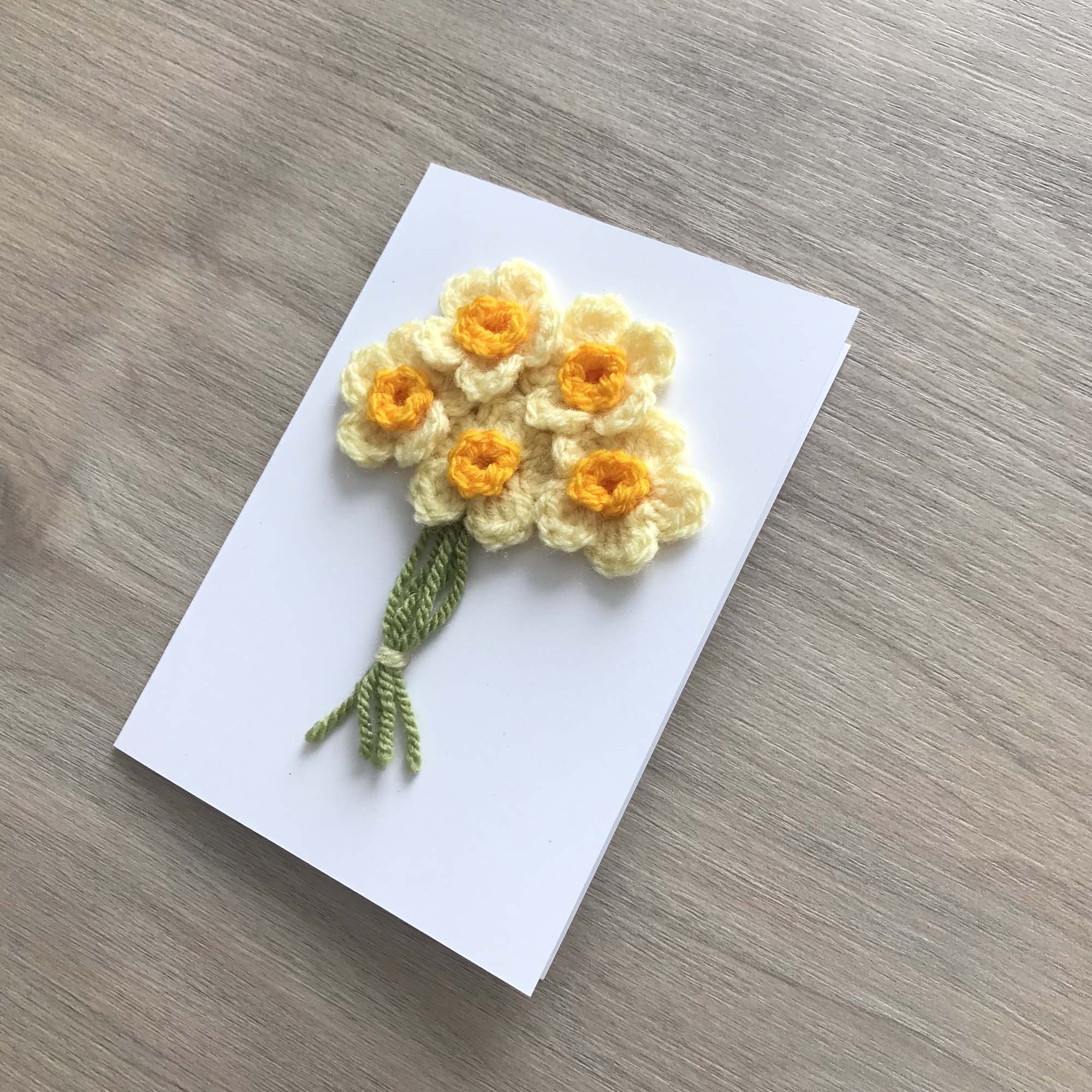 Crochet Yellow Bunch of Flowers 100% Recycled Greetings Card A6