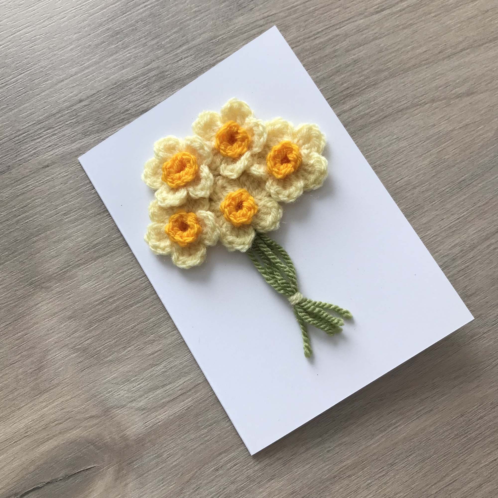 Crochet Yellow Bunch of Flowers 100% Recycled Greetings Card A6
