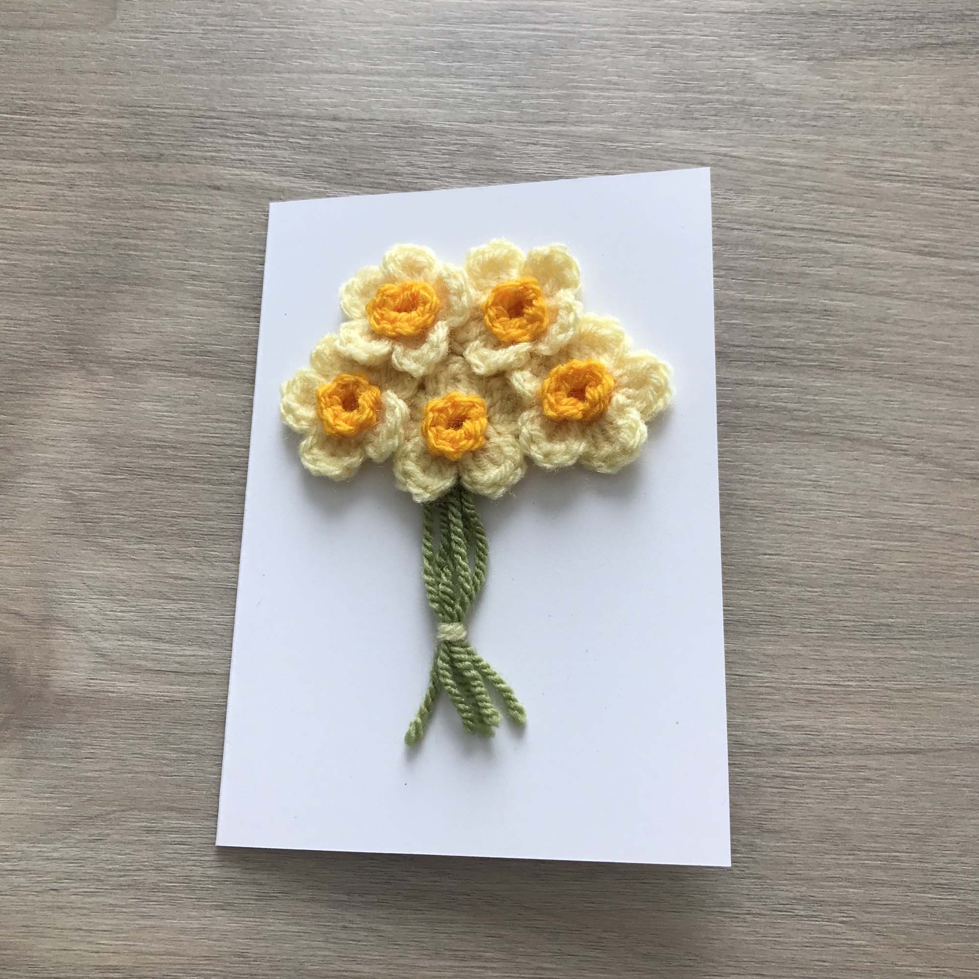 Crochet Yellow Bunch of Flowers 100% Recycled Greetings Card A6