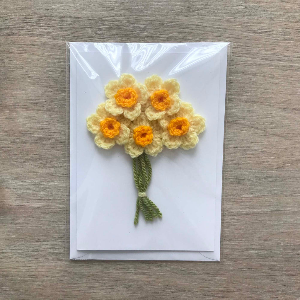 Crochet Yellow Bunch of Flowers 100% Recycled Greetings Card A6