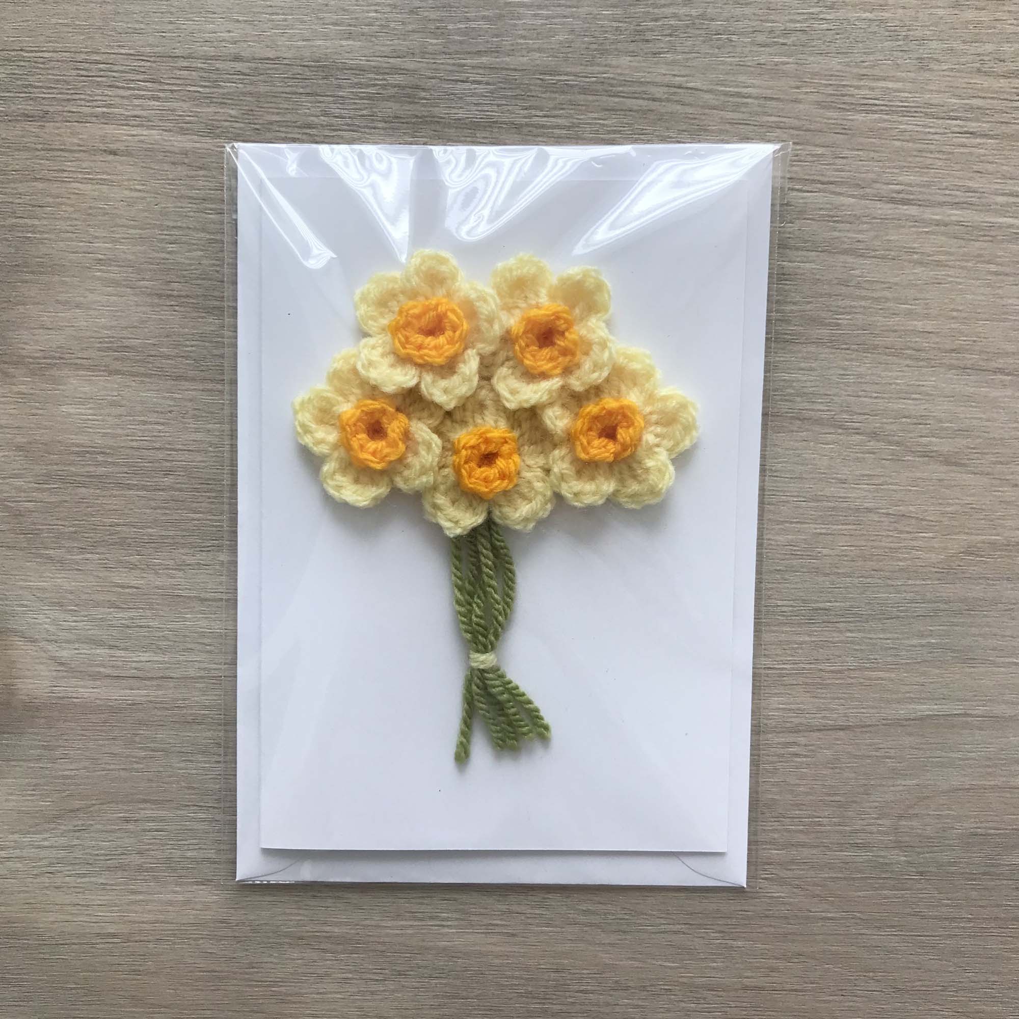 Crochet Yellow Bunch of Flowers 100% Recycled Greetings Card A6