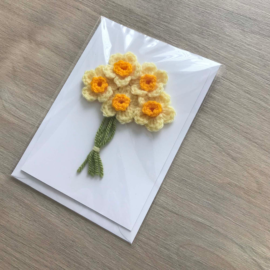 Crochet Yellow Bunch of Flowers 100% Recycled Greetings Card A6