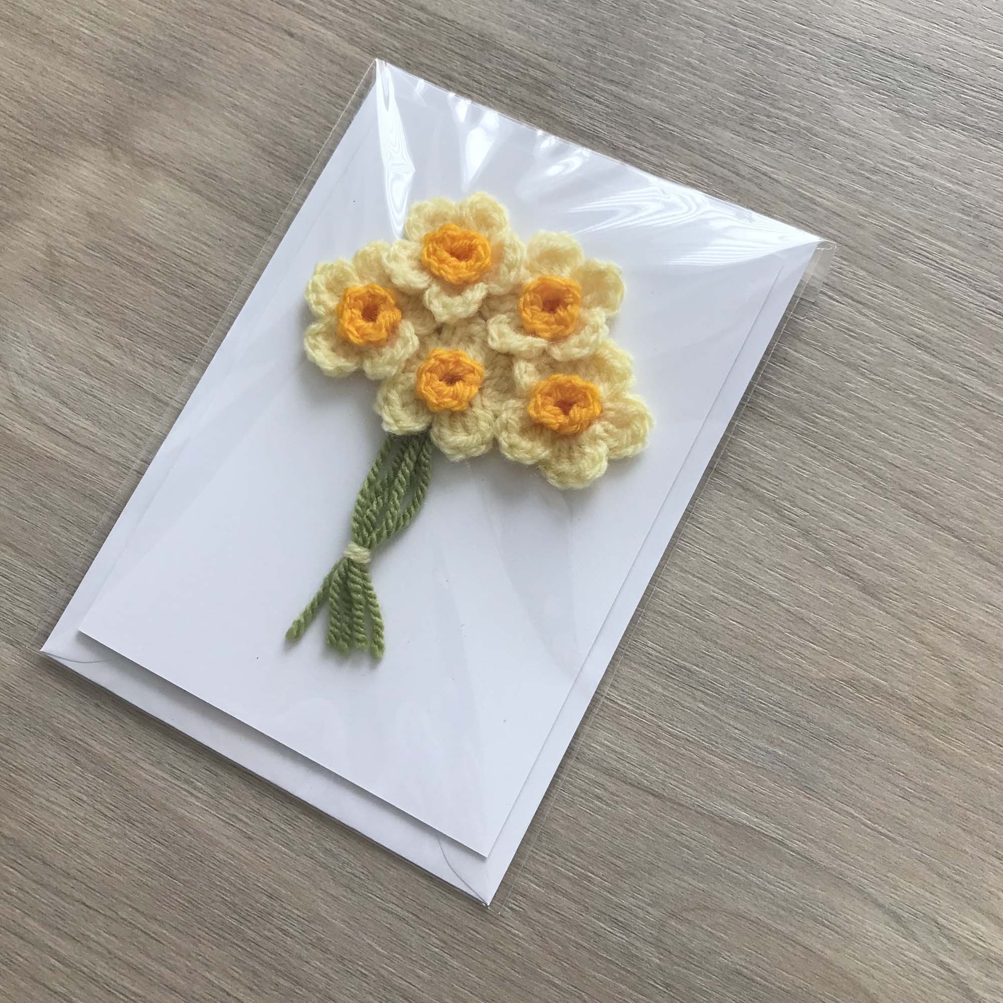 Crochet Yellow Bunch of Flowers 100% Recycled Greetings Card A6