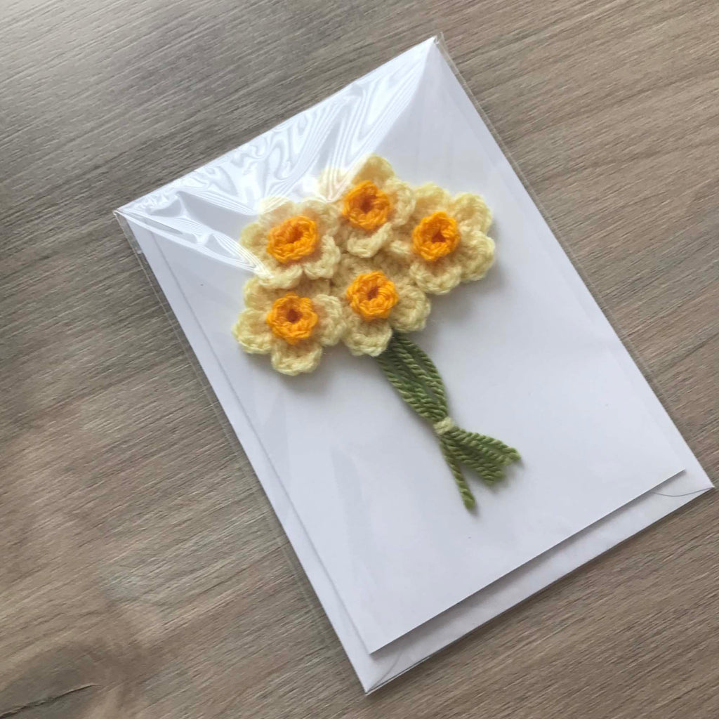 Crochet Yellow Bunch of Flowers 100% Recycled Greetings Card A6