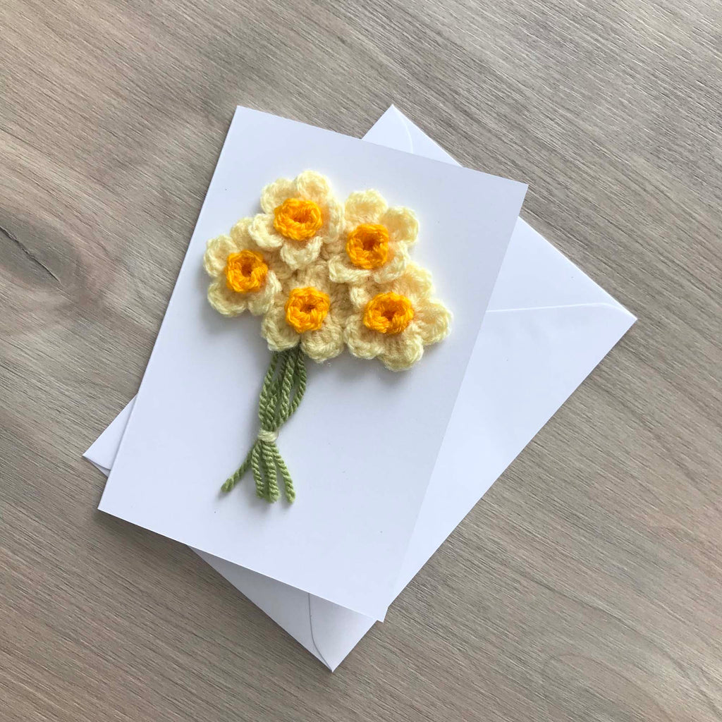 Crochet Yellow Bunch of Flowers 100% Recycled Greetings Card A6