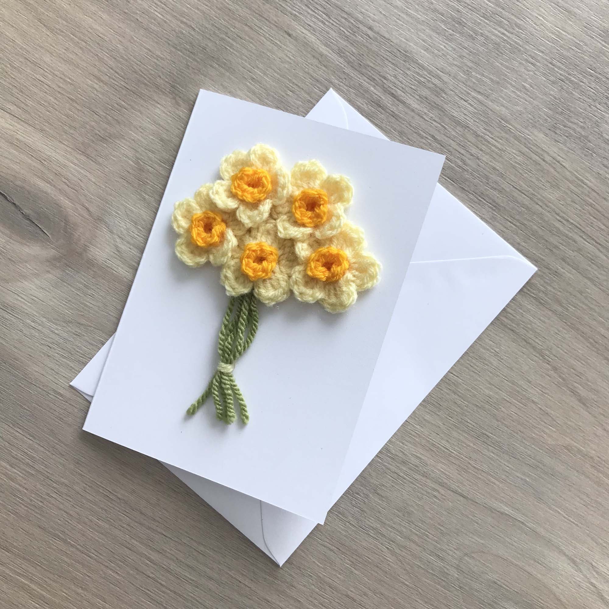Crochet Yellow Bunch of Flowers 100% Recycled Greetings Card A6