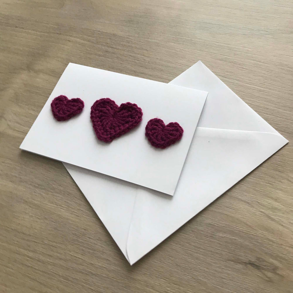 Crochet Deep Purple Trio of Hearts 100% Recycled Greetings Card