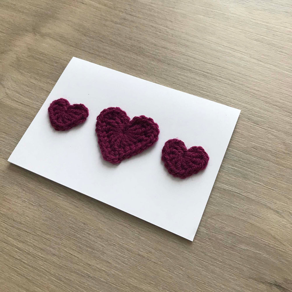 Crochet Deep Purple Trio of Hearts 100% Recycled Greetings Card
