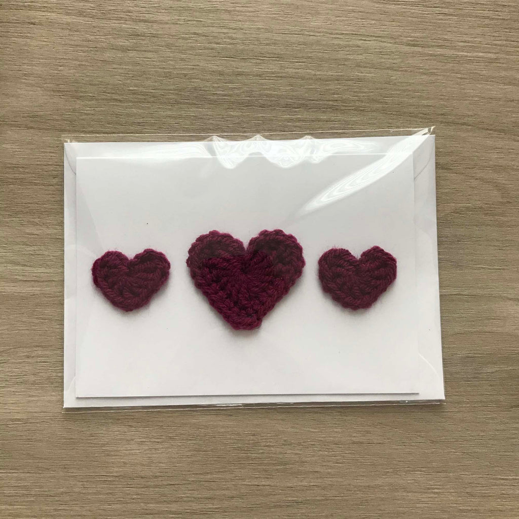 Crochet Deep Purple Trio of Hearts 100% Recycled Greetings Card