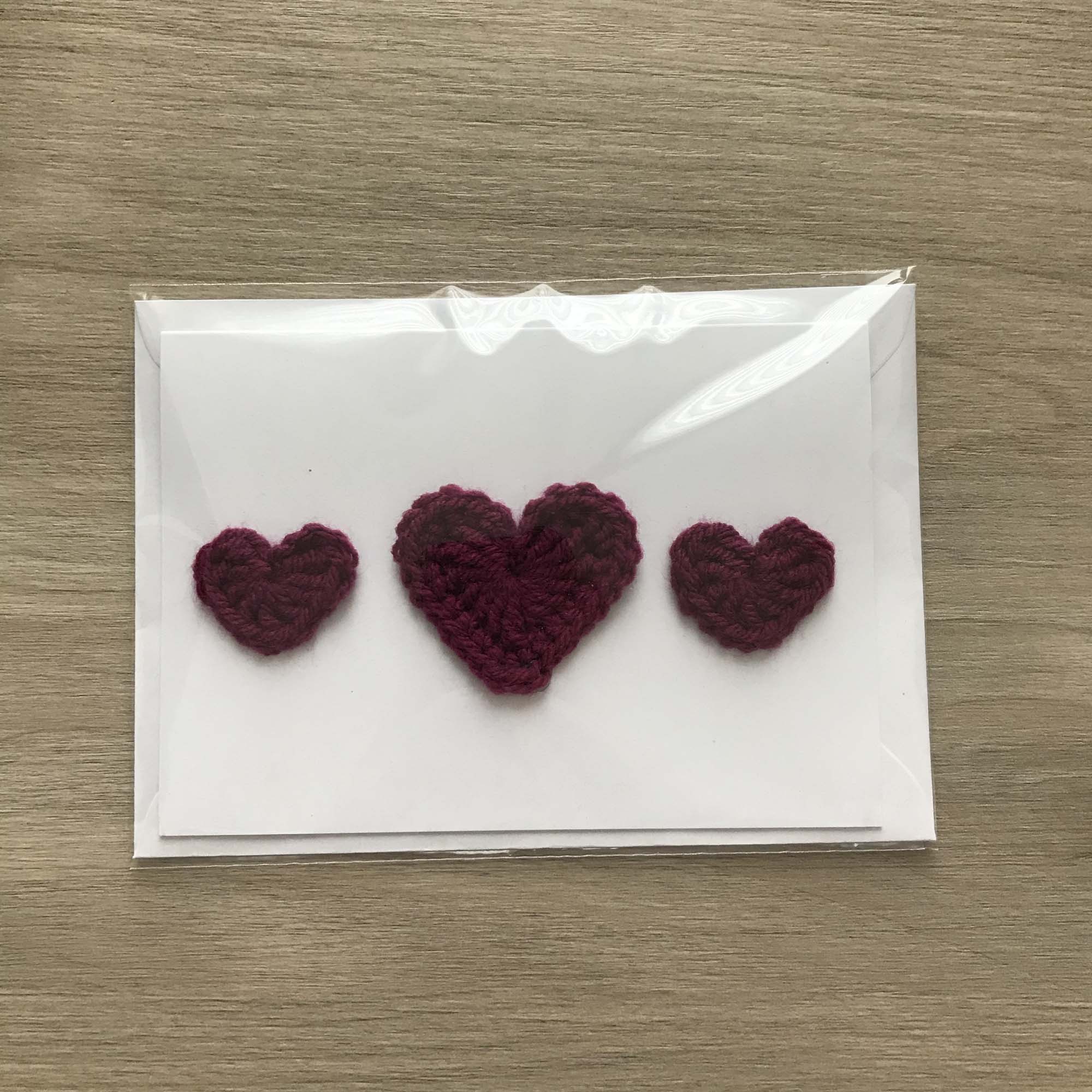 Crochet Deep Purple Trio of Hearts 100% Recycled Greetings Card