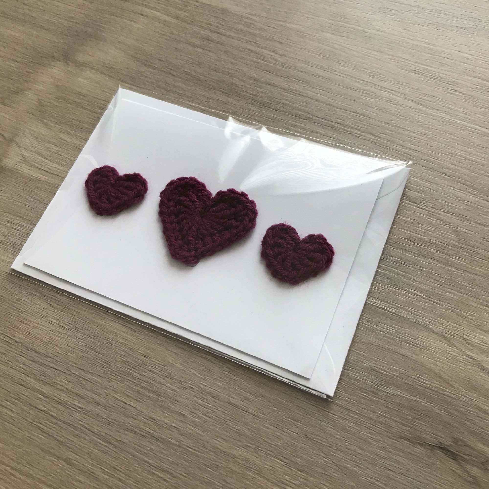Crochet Deep Purple Trio of Hearts 100% Recycled Greetings Card