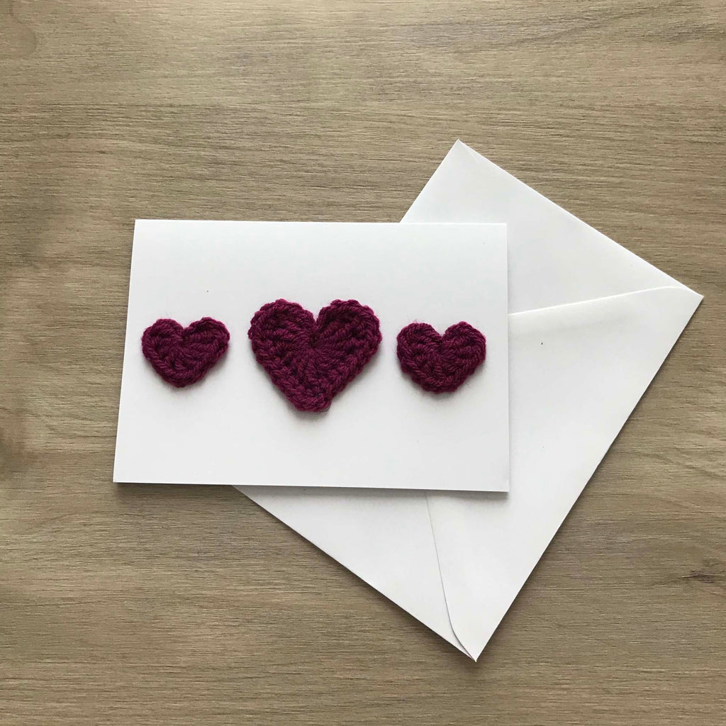 Crochet Deep Purple Trio of Hearts 100% Recycled Greetings Card