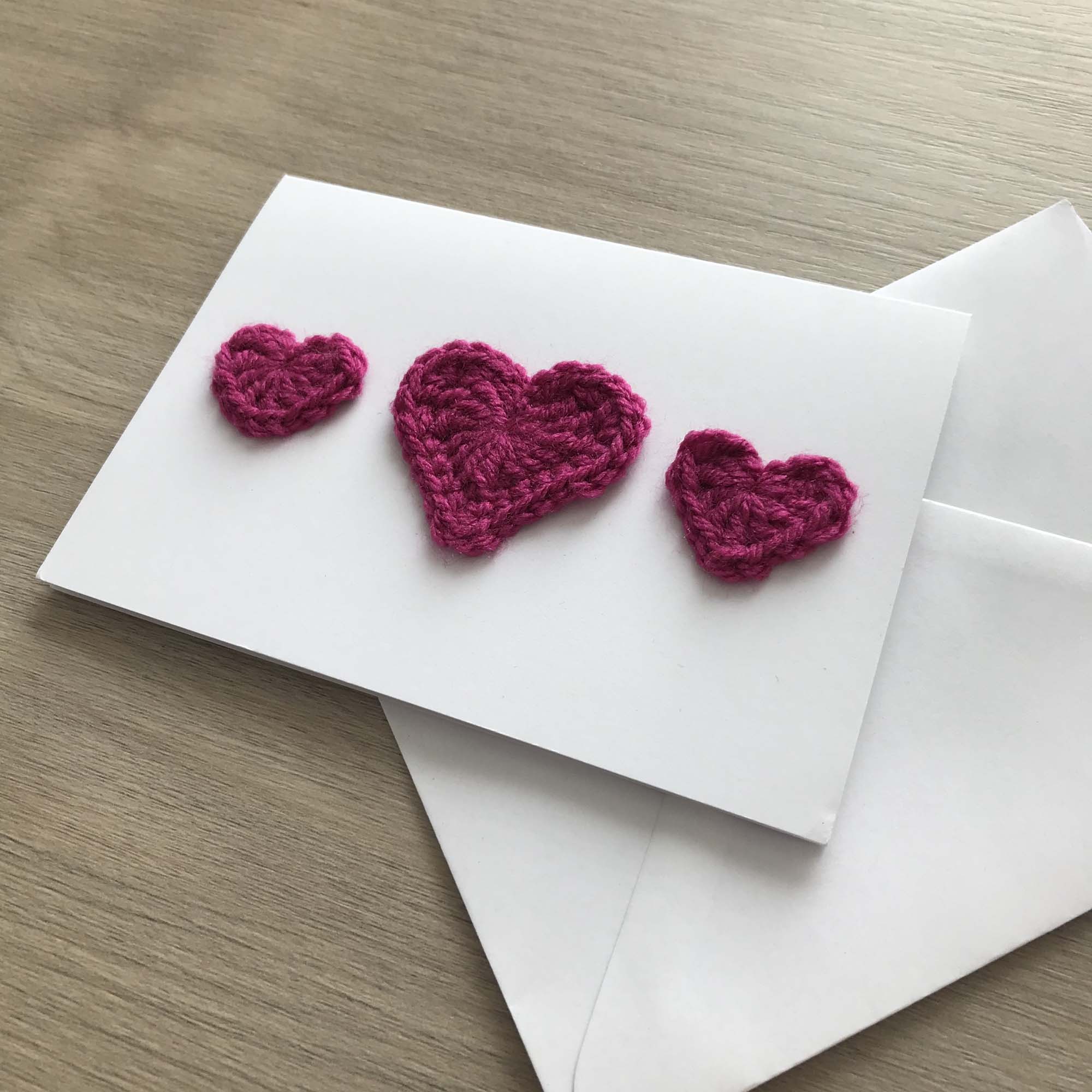 Crochet Fuchsia Trio of Hearts 100% Recycled Greetings Card