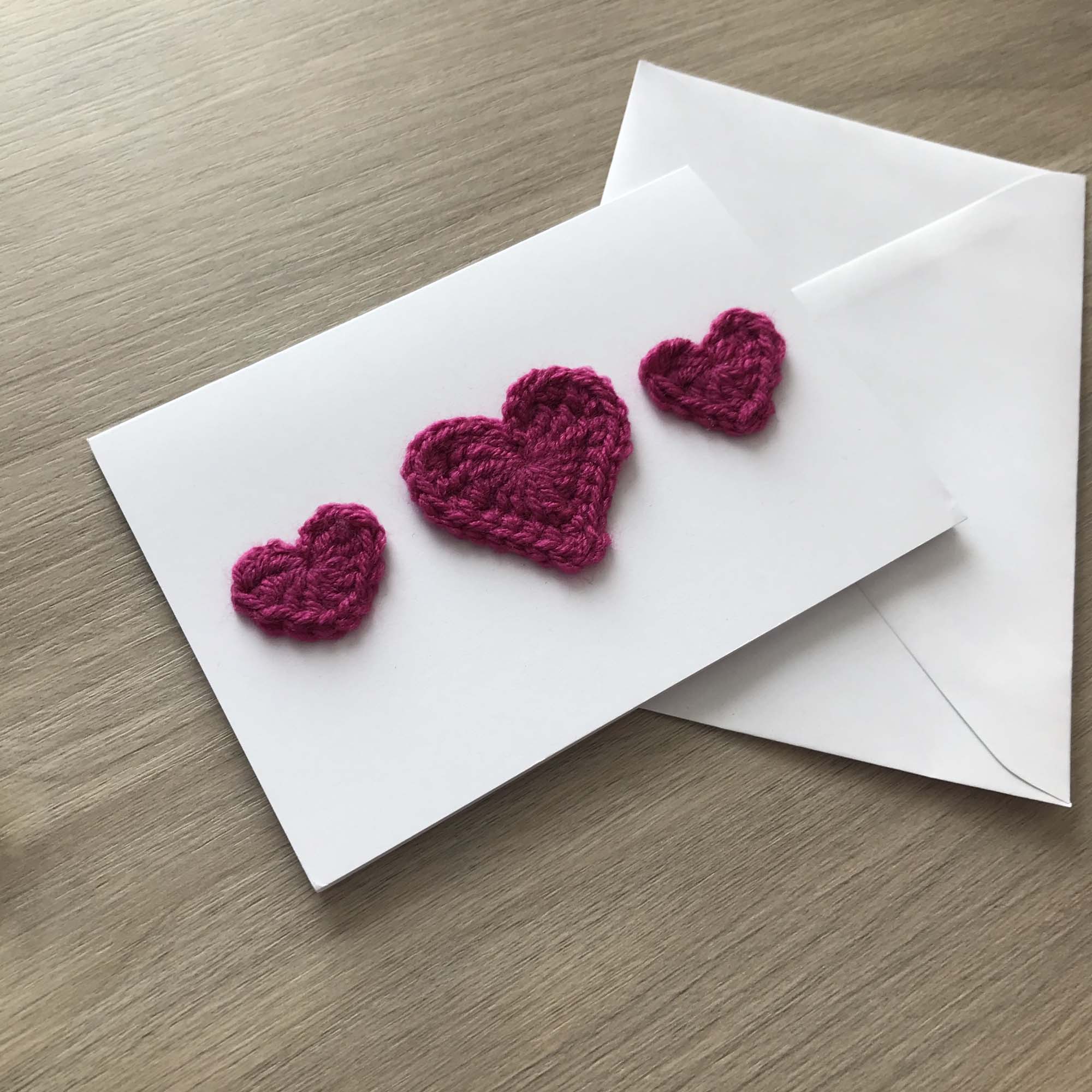 Crochet Fuchsia Trio of Hearts 100% Recycled Greetings Card