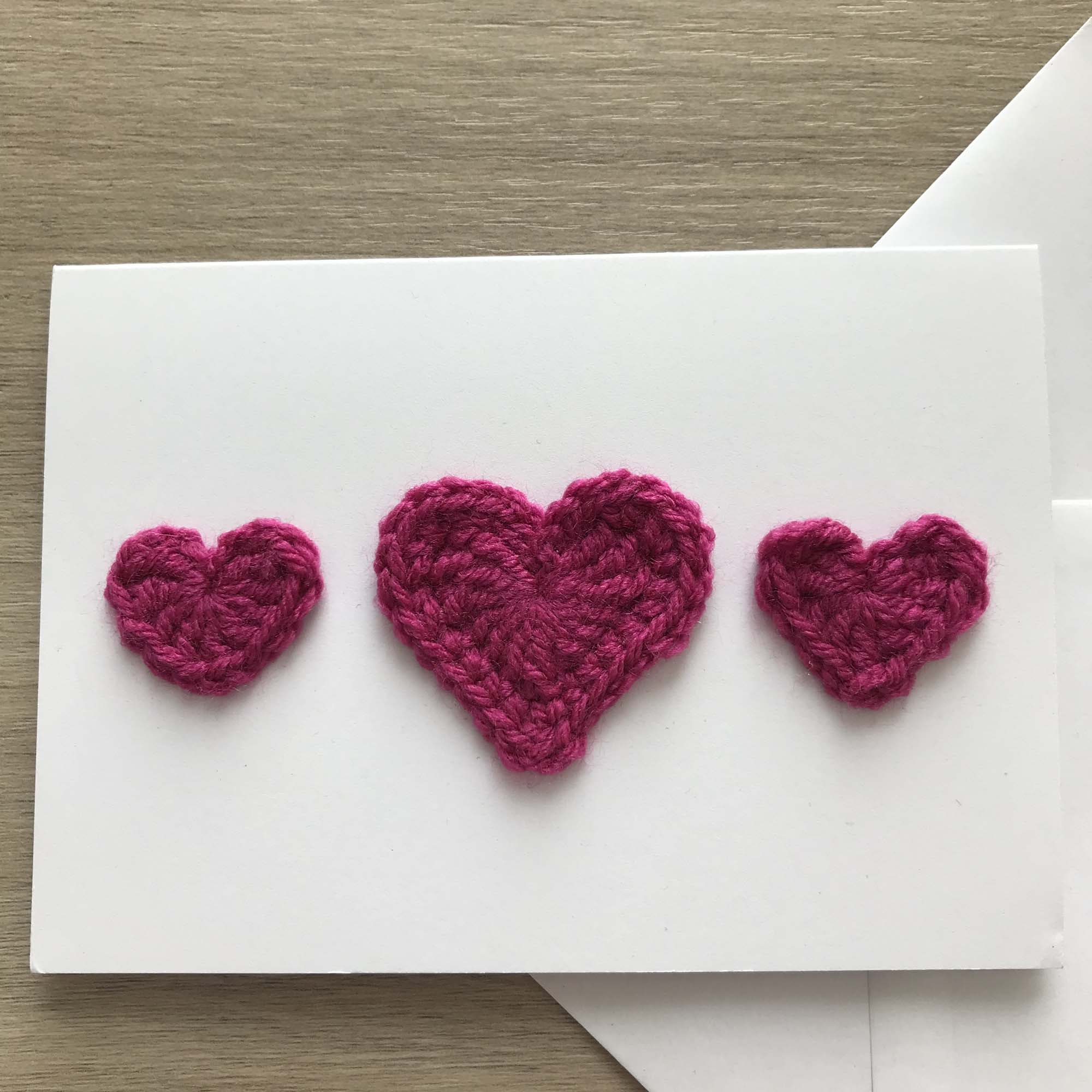 Crochet Fuchsia Trio of Hearts 100% Recycled Greetings Card