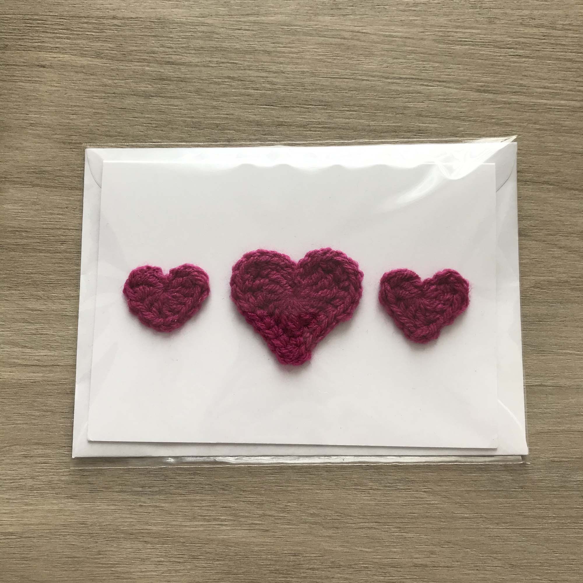 Crochet Fuchsia Trio of Hearts 100% Recycled Greetings Card