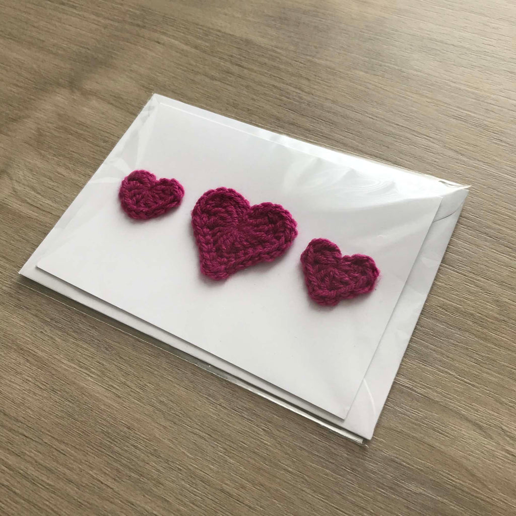 Crochet Fuchsia Trio of Hearts 100% Recycled Greetings Card