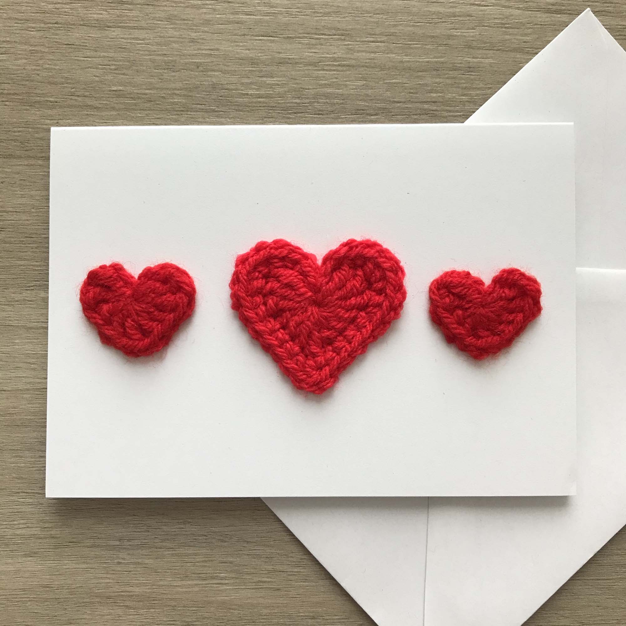 Crochet Red Trio of Hearts 100% Recycled Greetings Card
