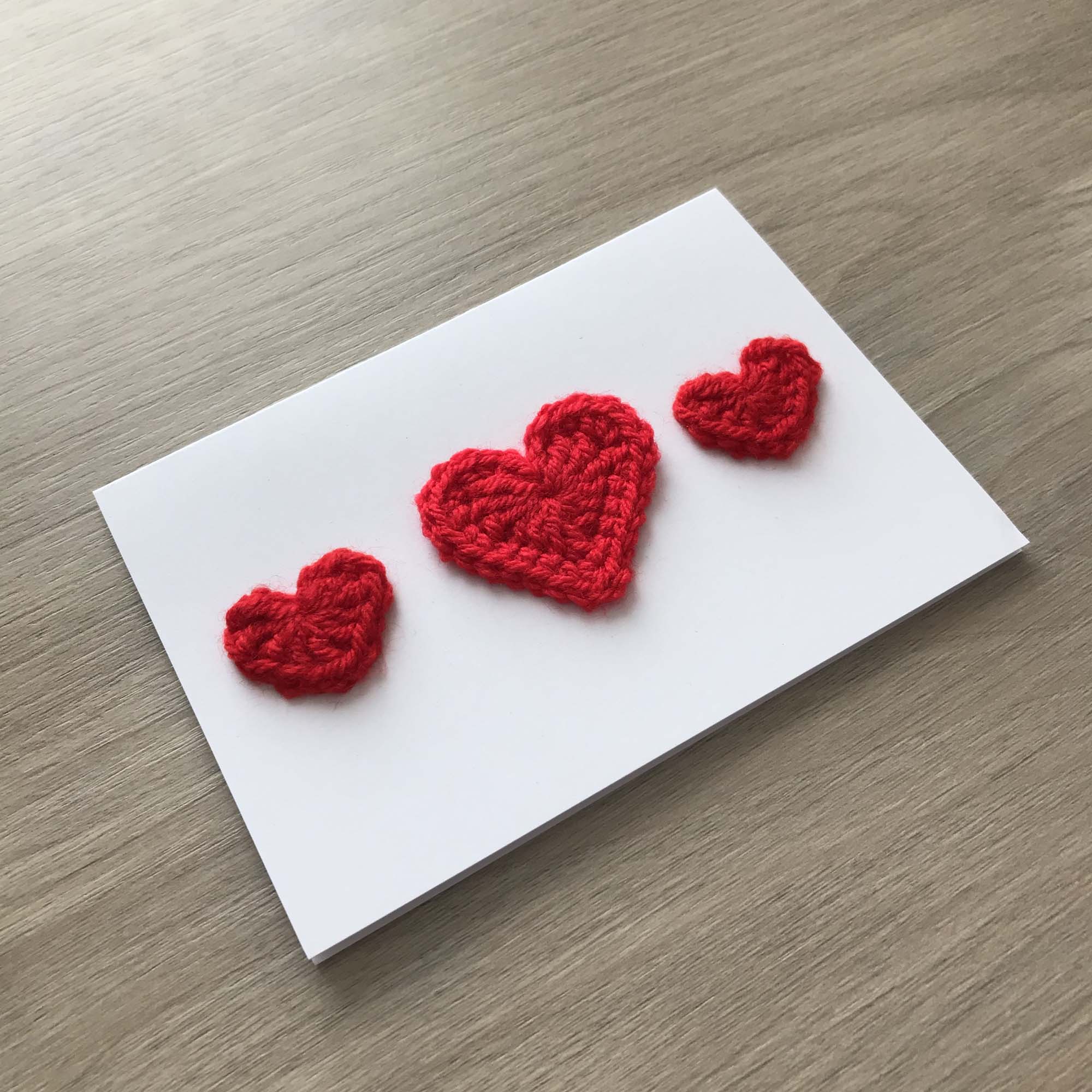 Crochet Red Trio of Hearts 100% Recycled Greetings Card