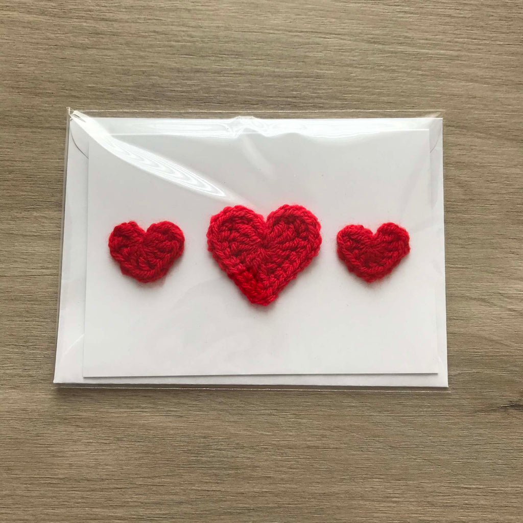 Crochet Red Trio of Hearts 100% Recycled Greetings Card