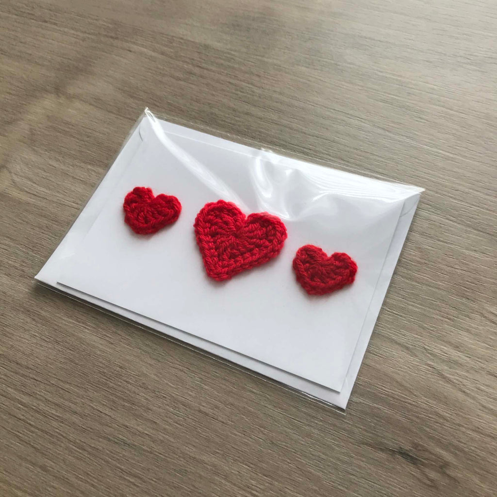 Crochet Red Trio of Hearts 100% Recycled Greetings Card