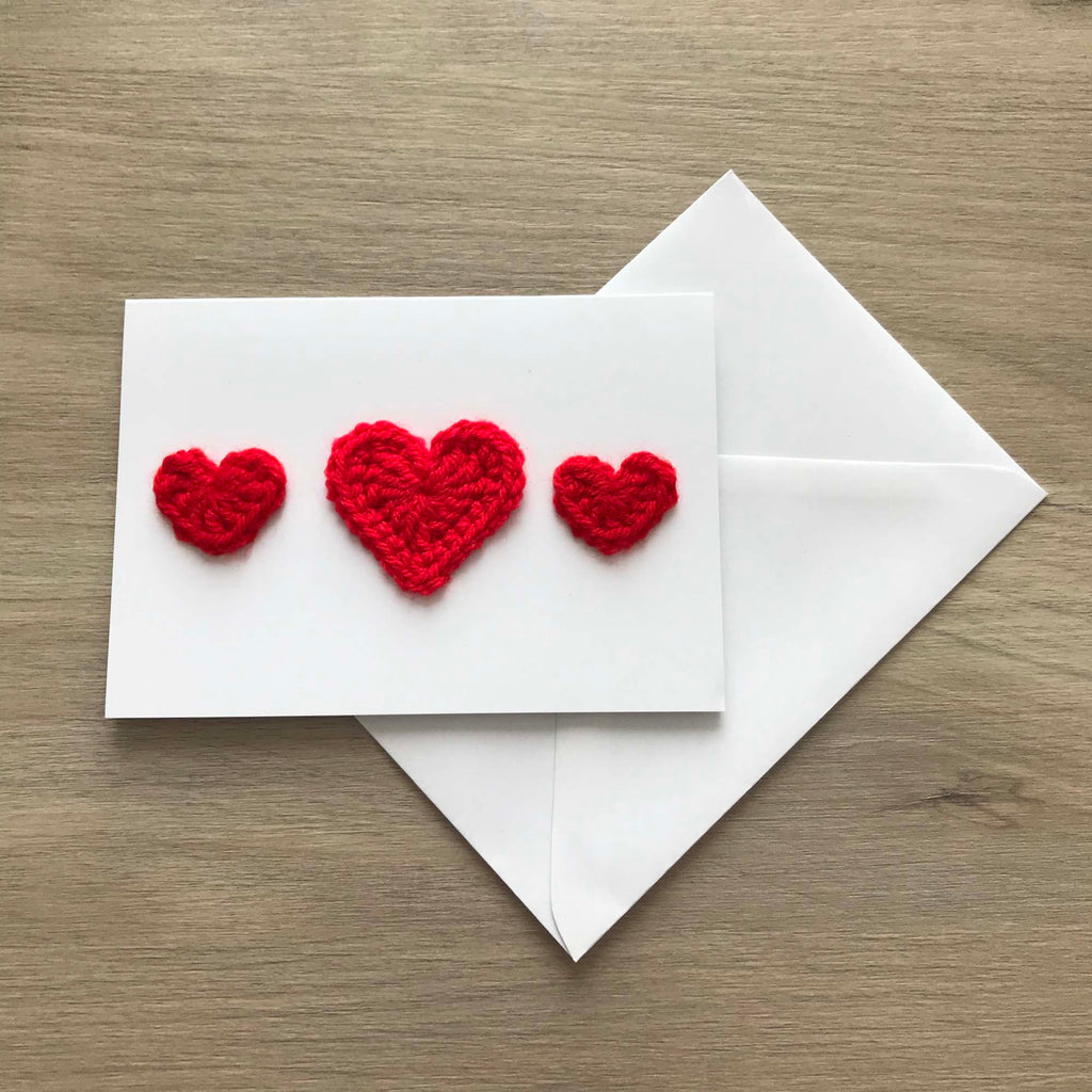 Crochet Red Trio of Hearts 100% Recycled Greetings Card