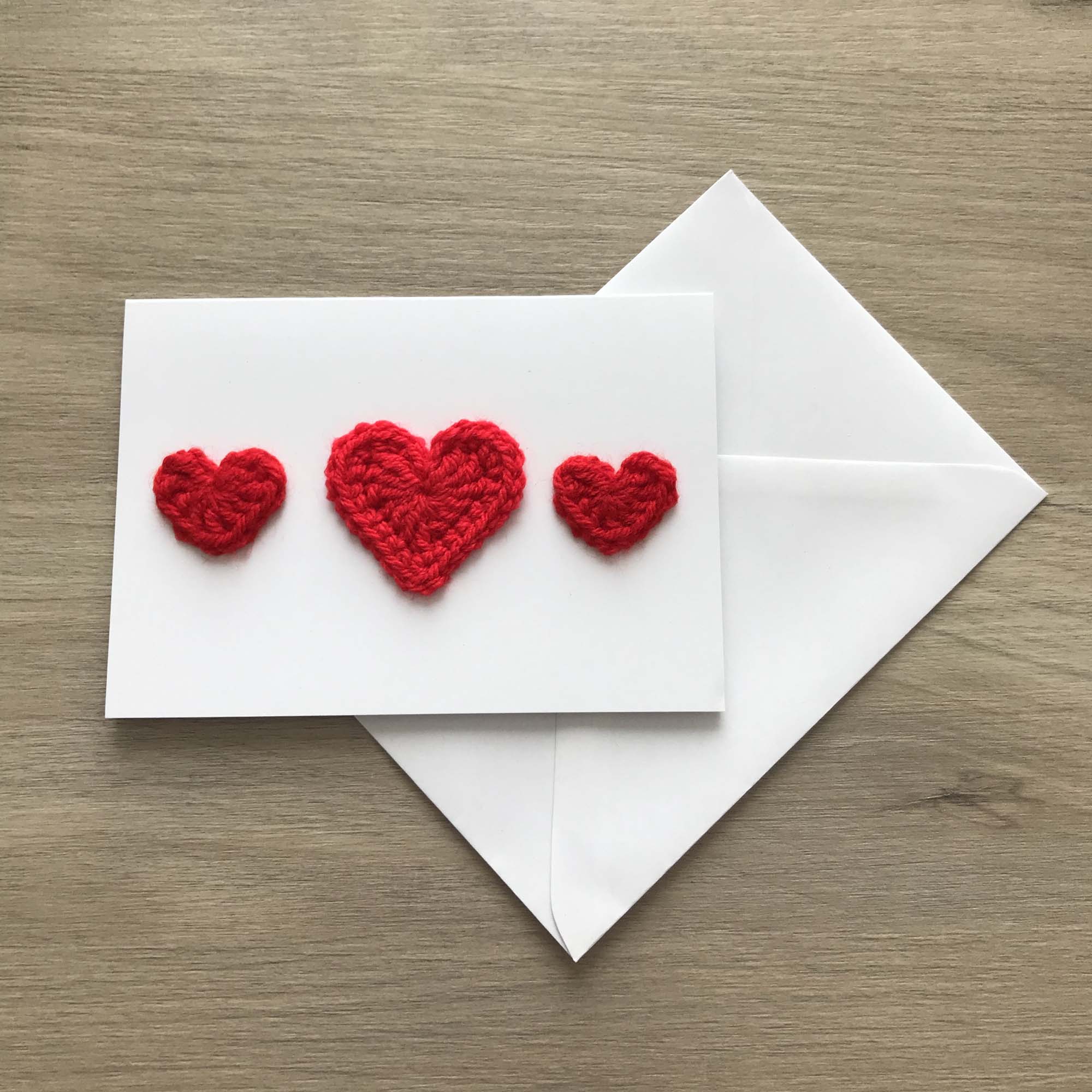 Crochet Red Trio of Hearts 100% Recycled Greetings Card