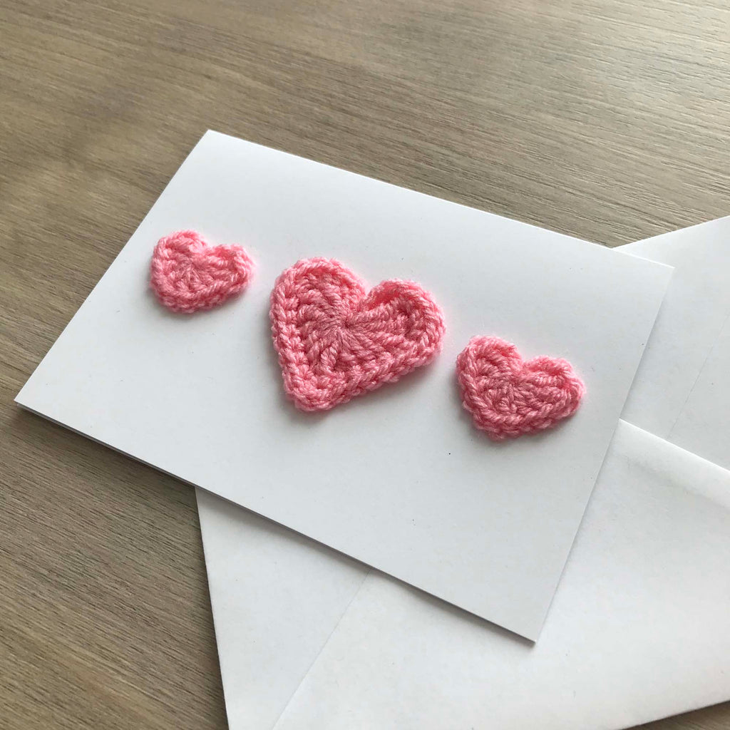 Crochet Light Pink Trio of Hearts 100% Recycled Greetings Card