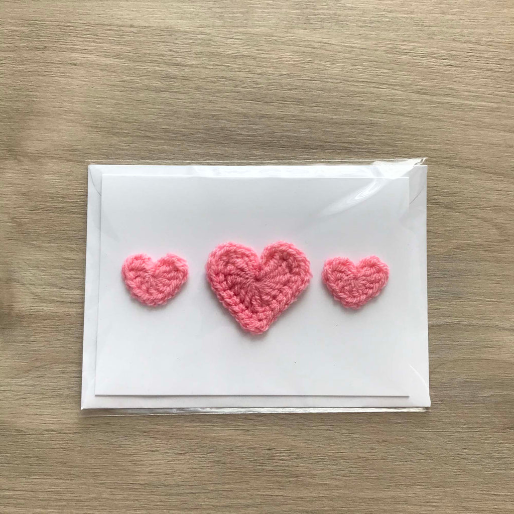 Crochet Light Pink Trio of Hearts 100% Recycled Greetings Card