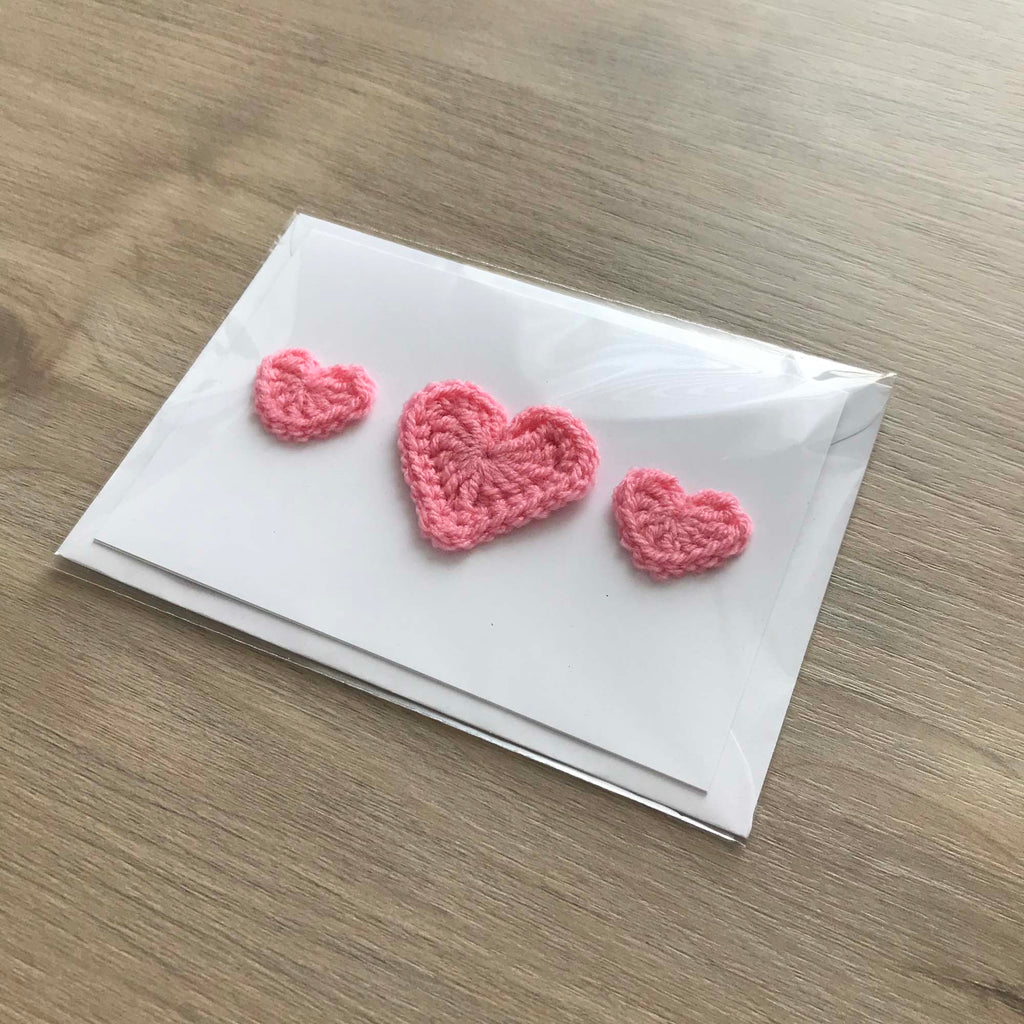 Crochet Light Pink Trio of Hearts 100% Recycled Greetings Card