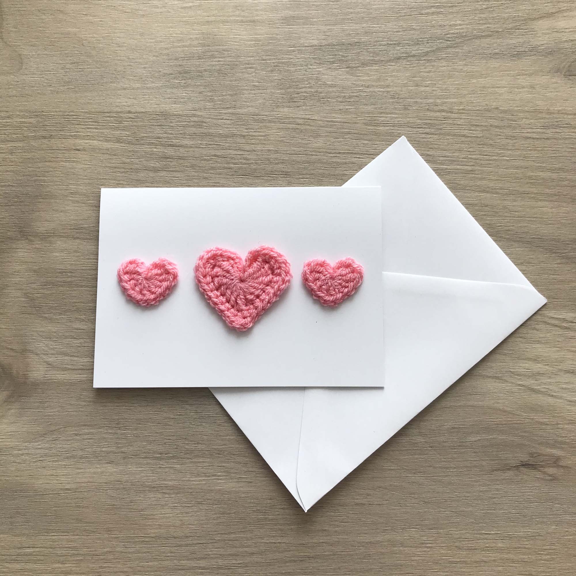 Crochet Light Pink Trio of Hearts 100% Recycled Greetings Card