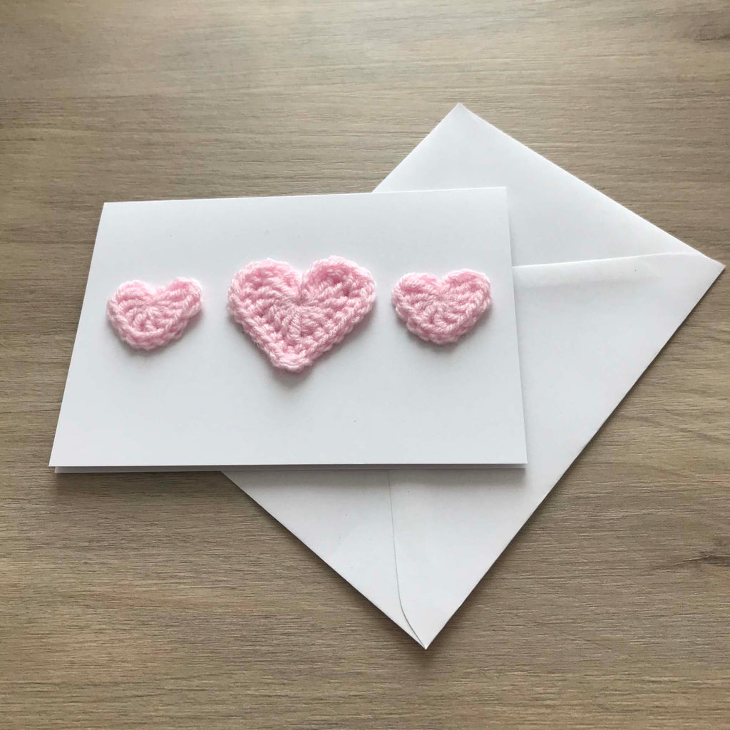 Crochet Baby Pink Trio of Hearts 100% Recycled Greetings Card