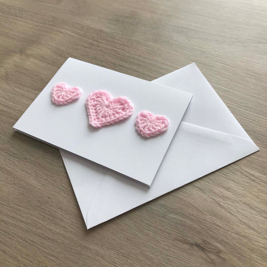 Crochet Baby Pink Trio of Hearts 100% Recycled Greetings Card