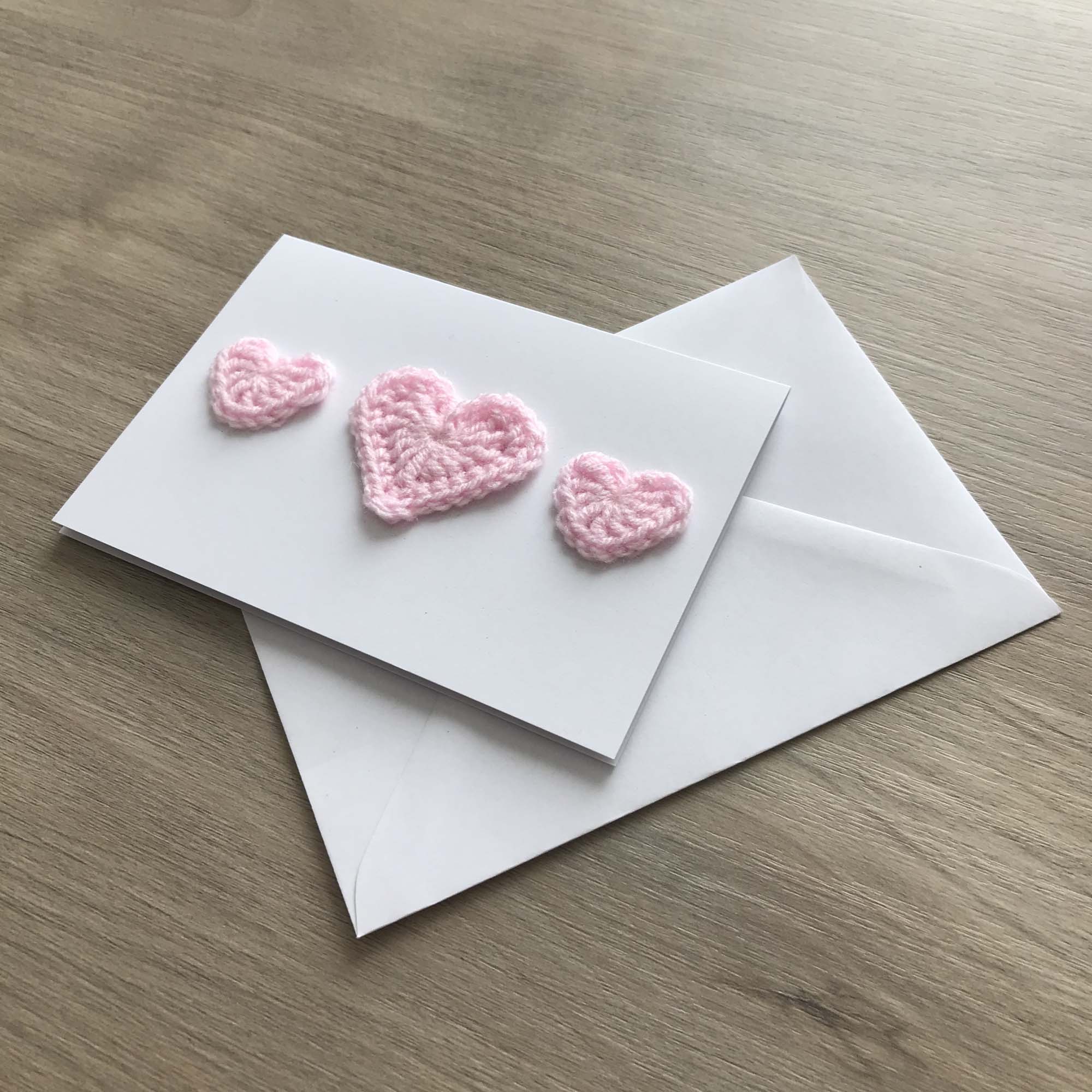 Crochet Baby Pink Trio of Hearts 100% Recycled Greetings Card