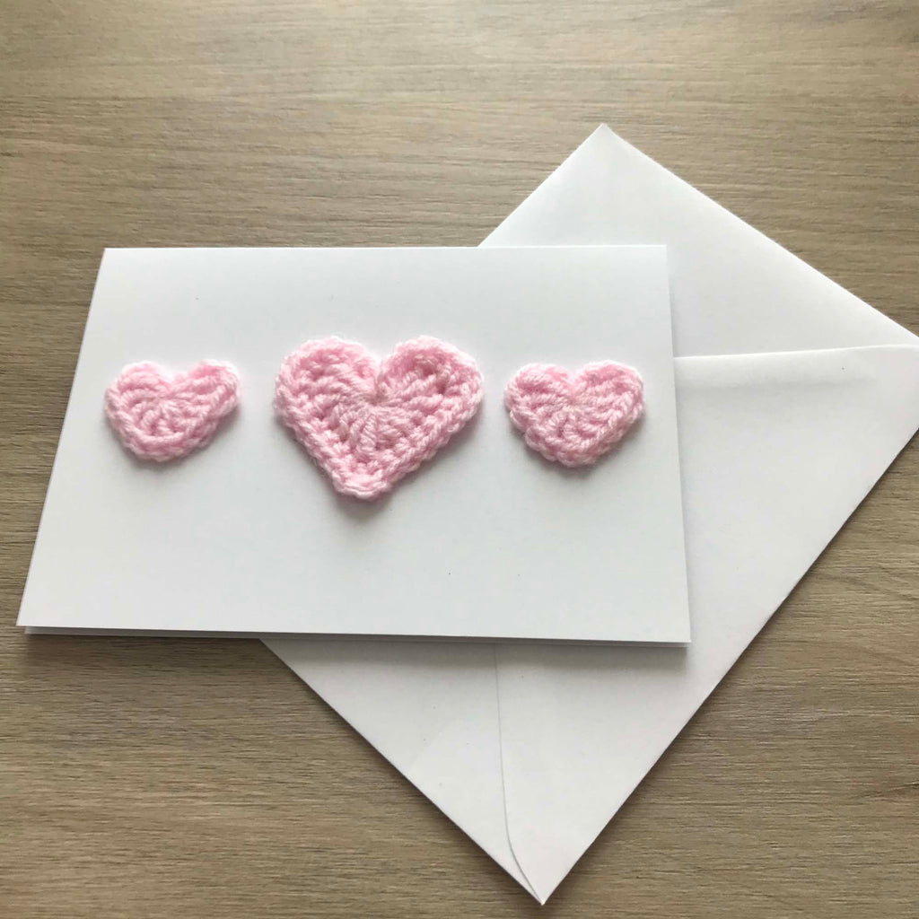 Crochet Baby Pink Trio of Hearts 100% Recycled Greetings Card