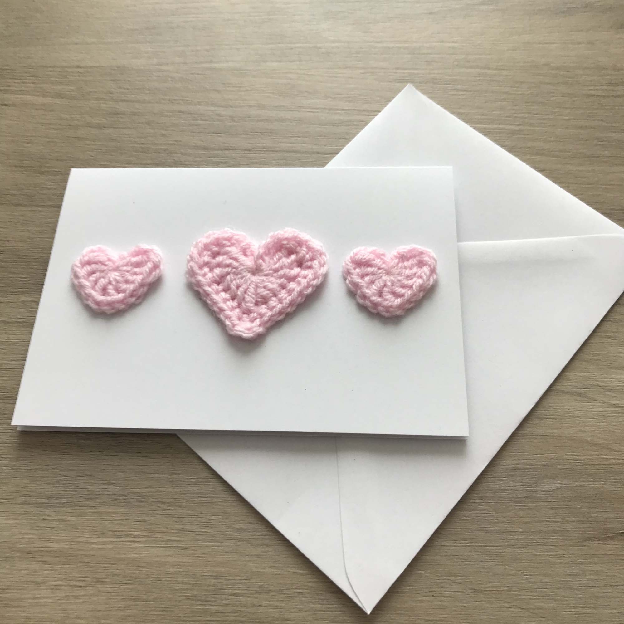 Crochet Baby Pink Trio of Hearts 100% Recycled Greetings Card