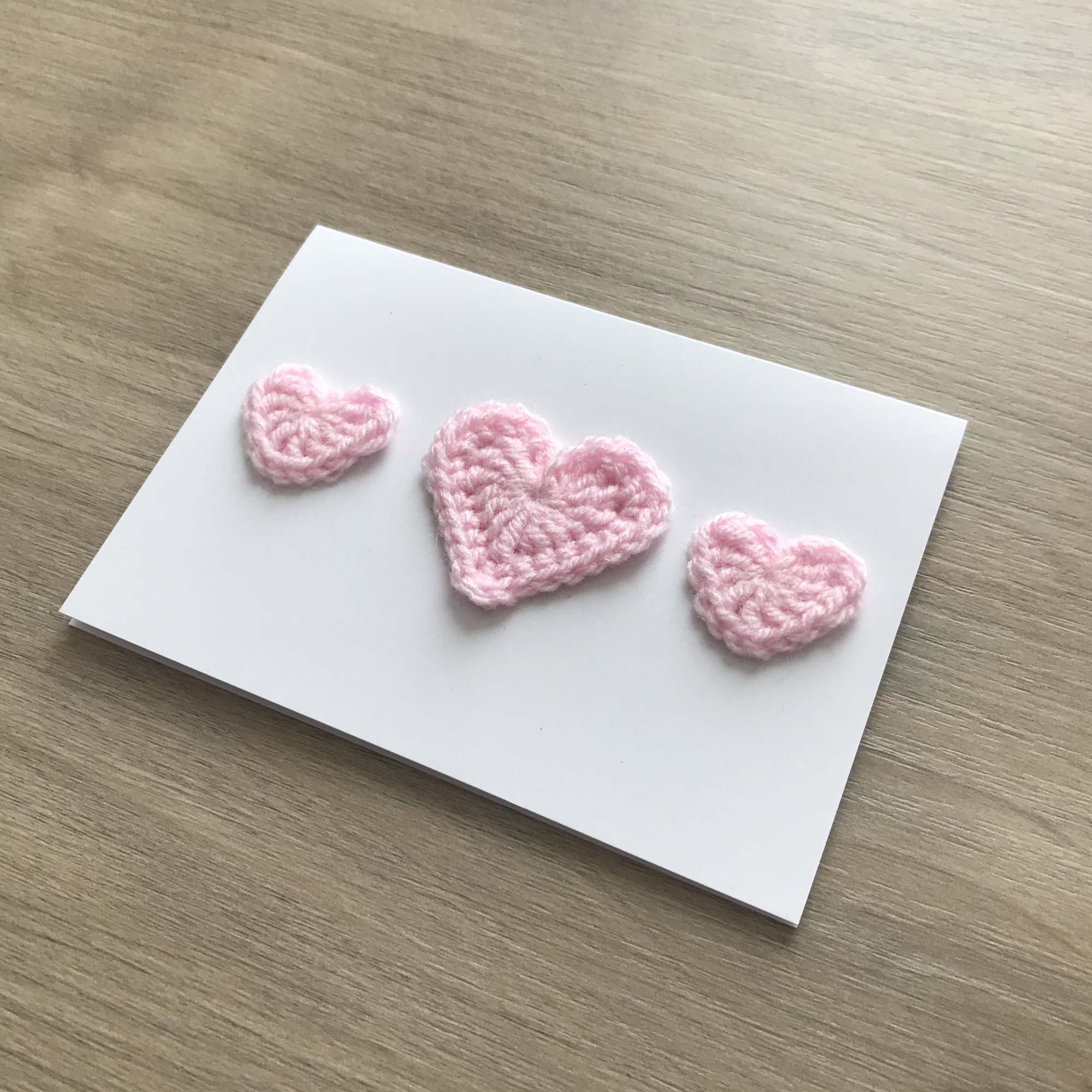 Crochet Baby Pink Trio of Hearts 100% Recycled Greetings Card
