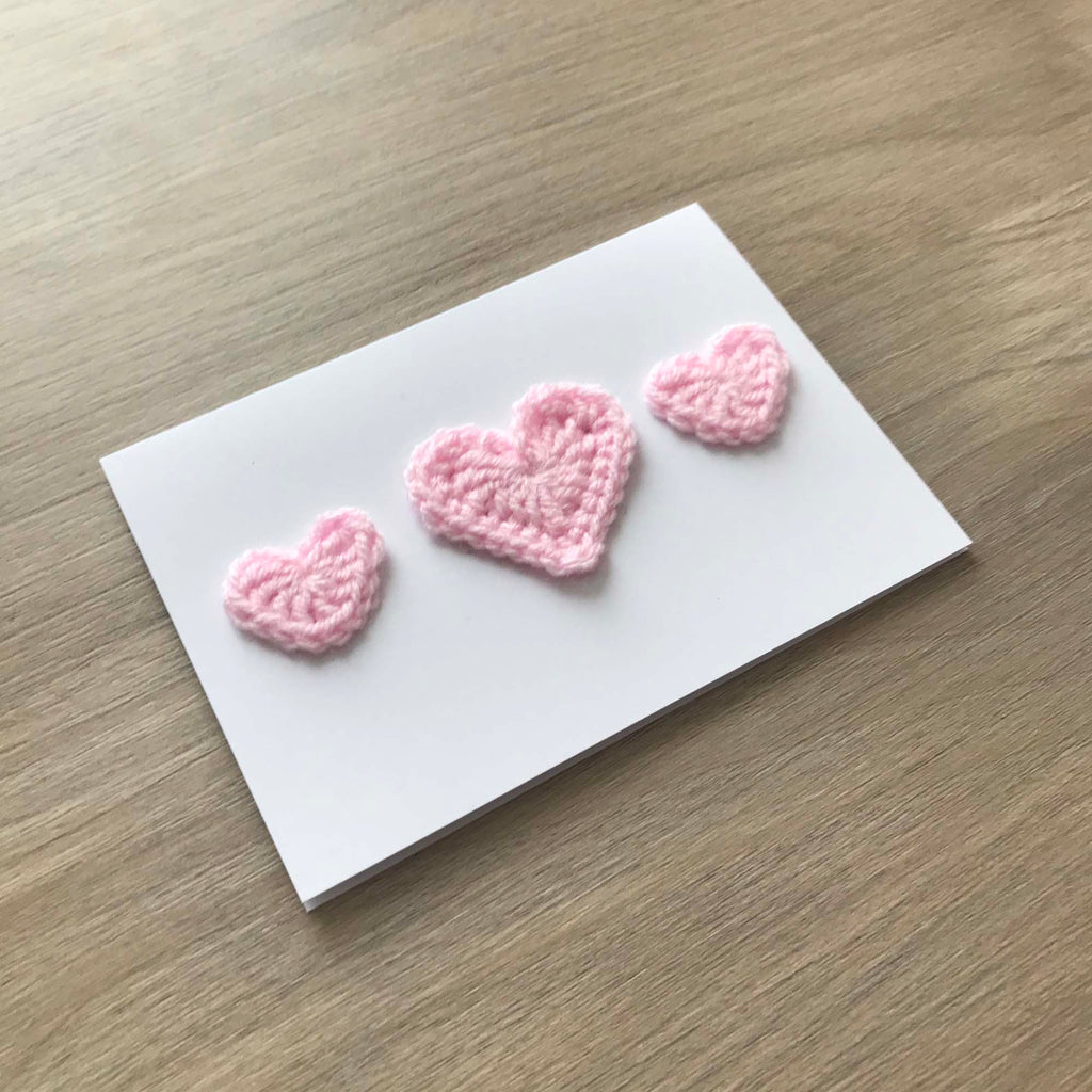 Crochet Baby Pink Trio of Hearts 100% Recycled Greetings Card