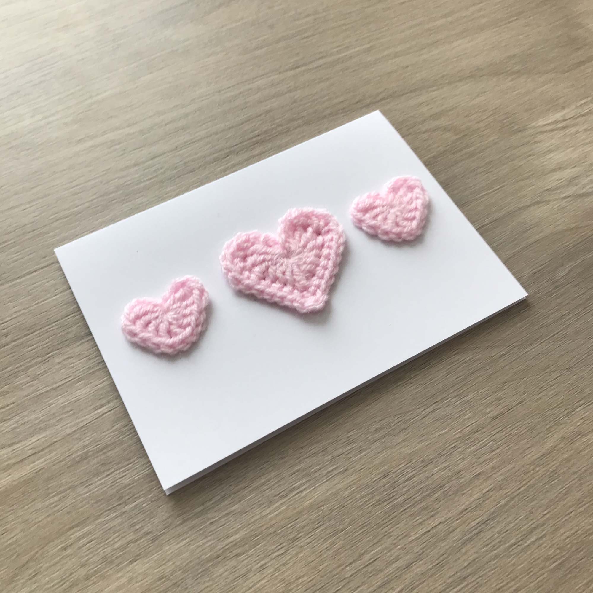 Crochet Baby Pink Trio of Hearts 100% Recycled Greetings Card