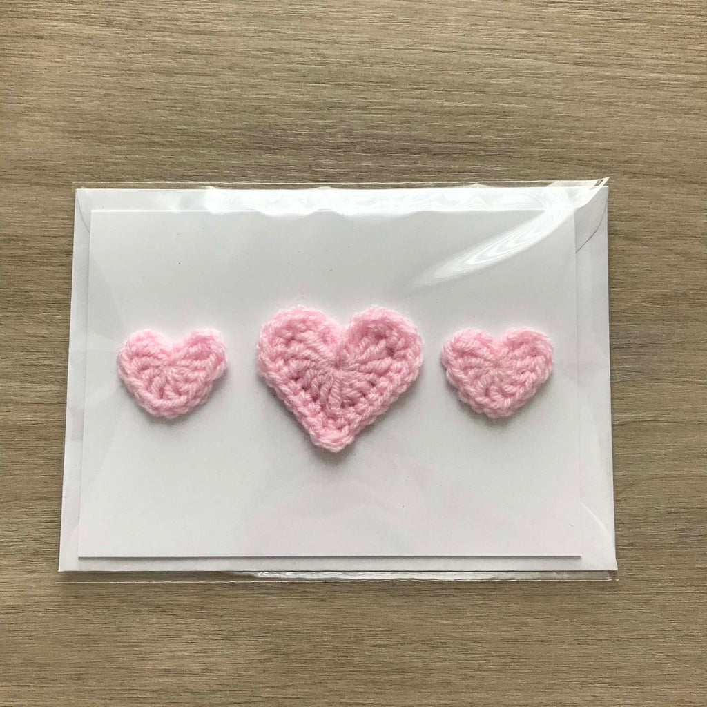 Crochet Baby Pink Trio of Hearts 100% Recycled Greetings Card