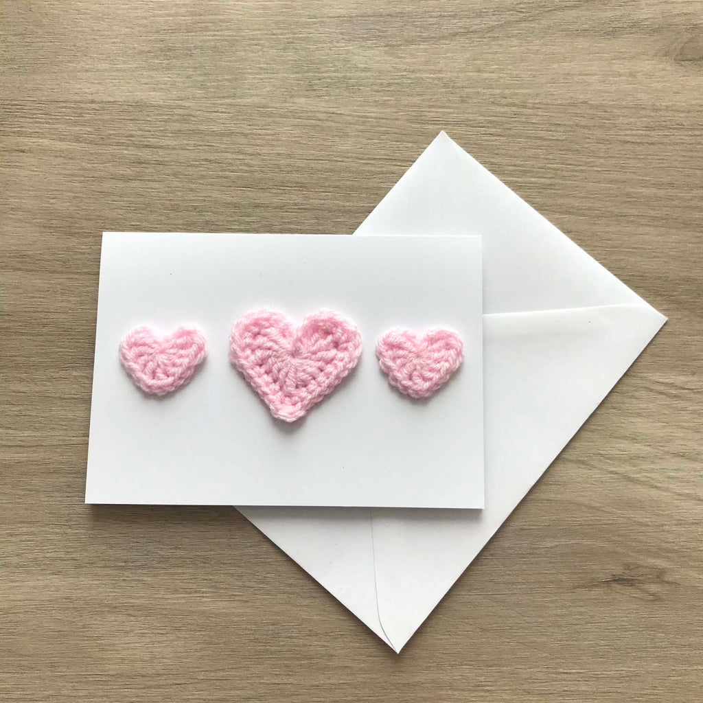 Crochet Baby Pink Trio of Hearts 100% Recycled Greetings Card