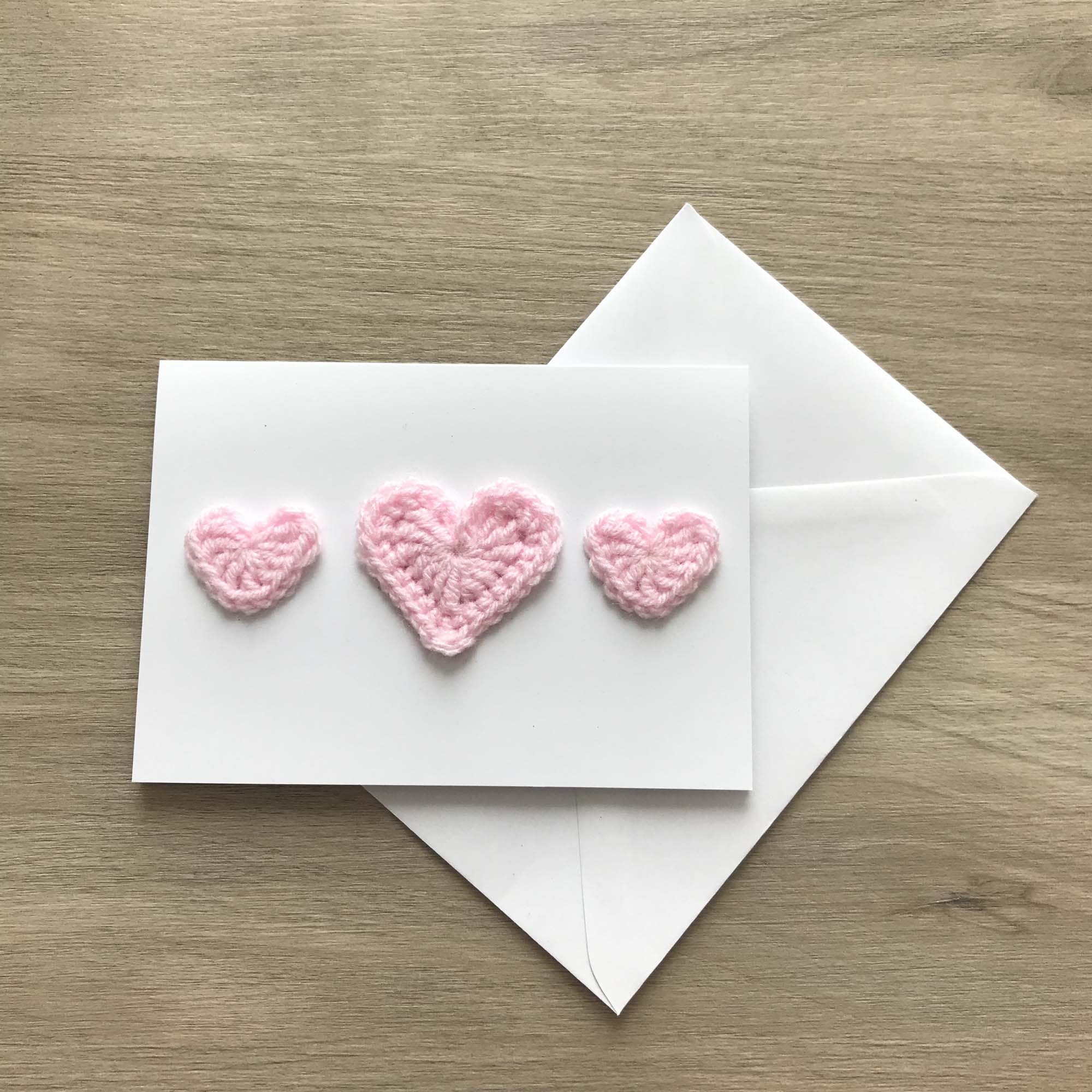 Crochet Baby Pink Trio of Hearts 100% Recycled Greetings Card