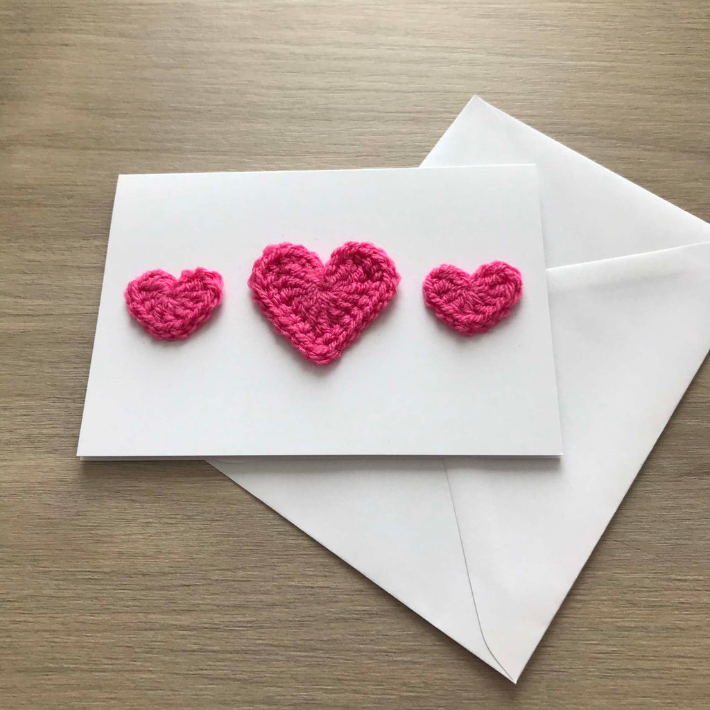 Crochet Pink Trio of Hearts 100% Recycled Greetings Card