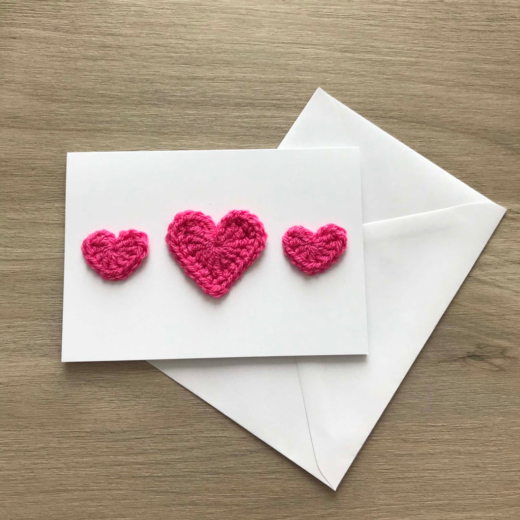 Crochet Pink Trio of Hearts 100% Recycled Greetings Card
