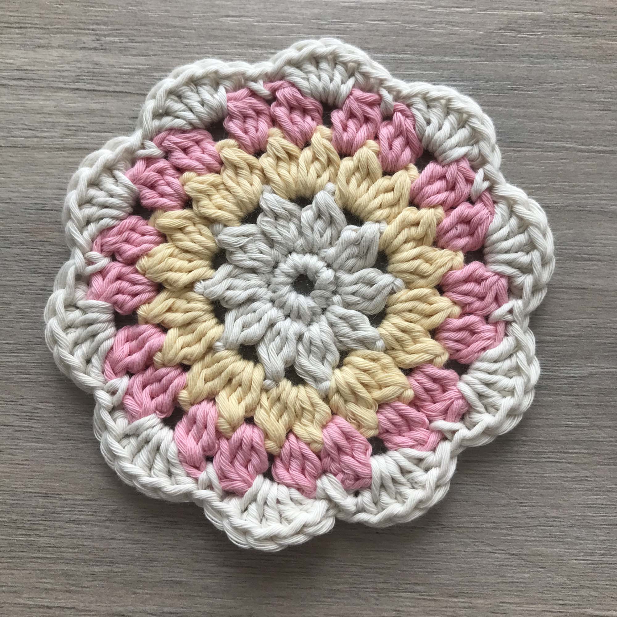 100% Organic Cotton Crochet Coaster - Cream, Yellow, Pink & Cream