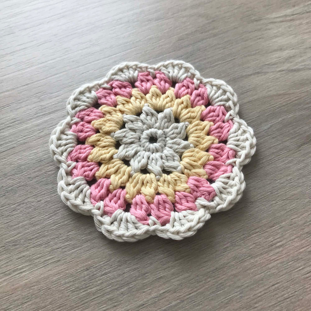 100% Organic Cotton Crochet Coaster - Cream, Yellow, Pink & Cream